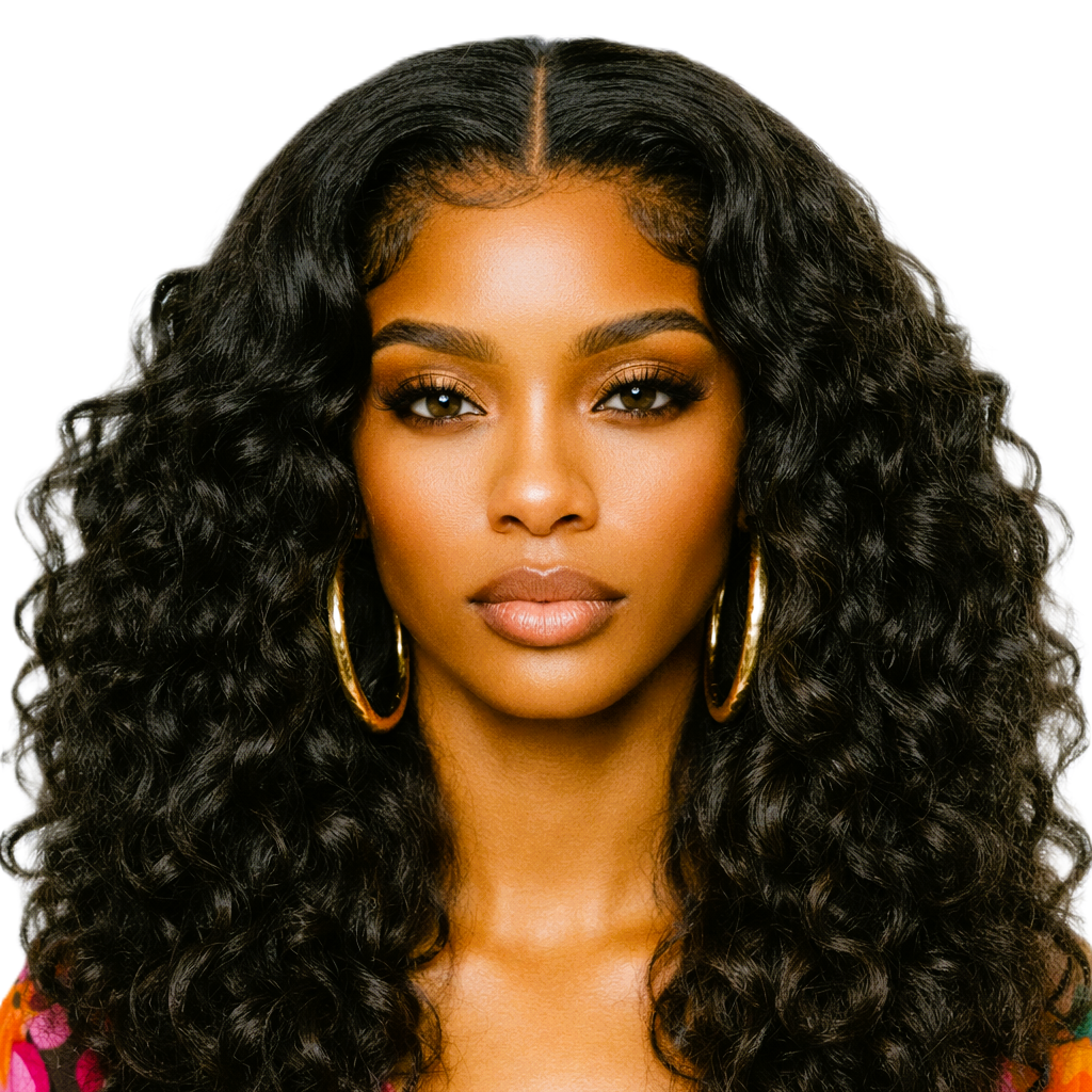 Black 24' Bomb Funmi Curly 6 Inch Deep Part Hairline Thick Layered Bouncy Glueless Pre-Cut Lace Wig