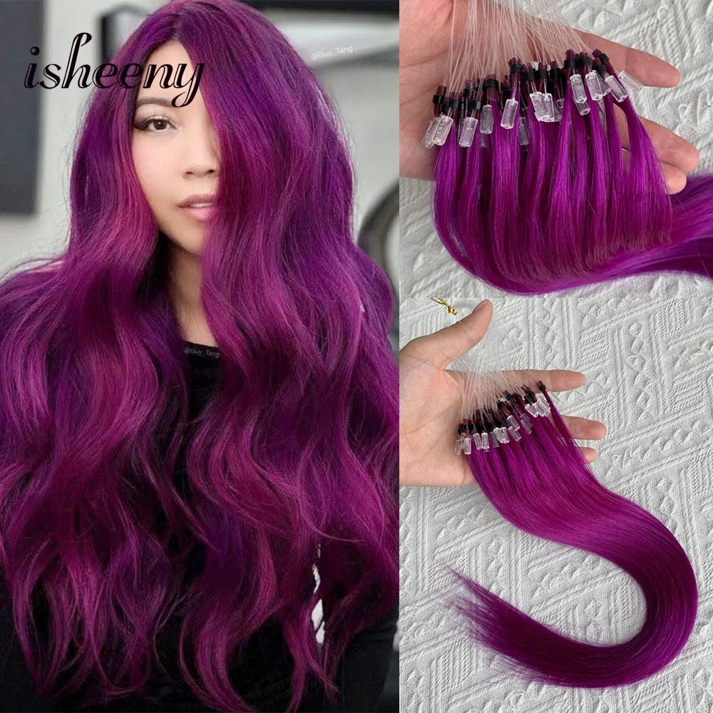 Micro Loop Ring Link Hair 100% Human Hair Extensions Real Remy Fancy Color 12-20 inches Striaght Purple Hair Extensions isheeny