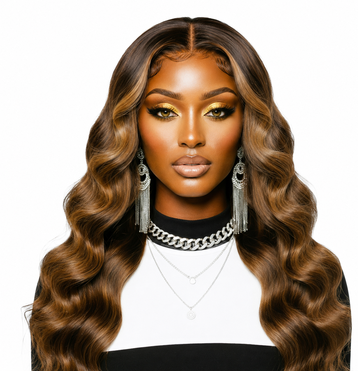 Brown Ombre Brazilian Hair 24' Glueless Piano Body Wave Human Hair Pre-cut Lace Front Wig
